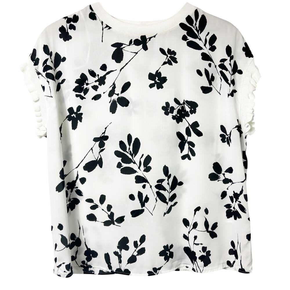 T. TAHARI RUFFLE CAP SLEEVE BLACK WHITE WOMEN SHORT SLEEVE BLOUSE SIZE LARGE NEW